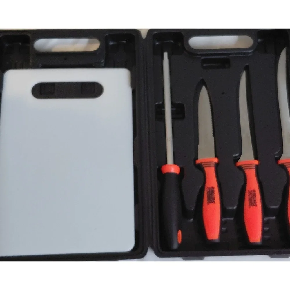 Anglers Choice 5 Piece Fillet Knife Set Cutting Board Sharpener Carry Case NEW